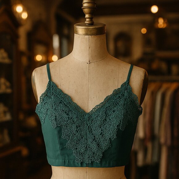 ANGL Emerald Green Lace Corset Crop Top M Hook Back Festival Boho Romantic VTG - Picture 1 of 7